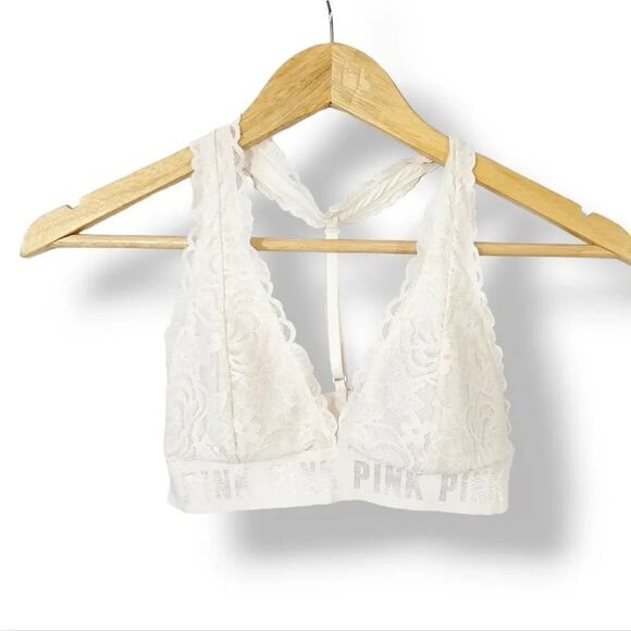 Victoria's Secret Pink Lace T-Strap Logo Bralette in Ivory Size Small - Picture 3 of 14